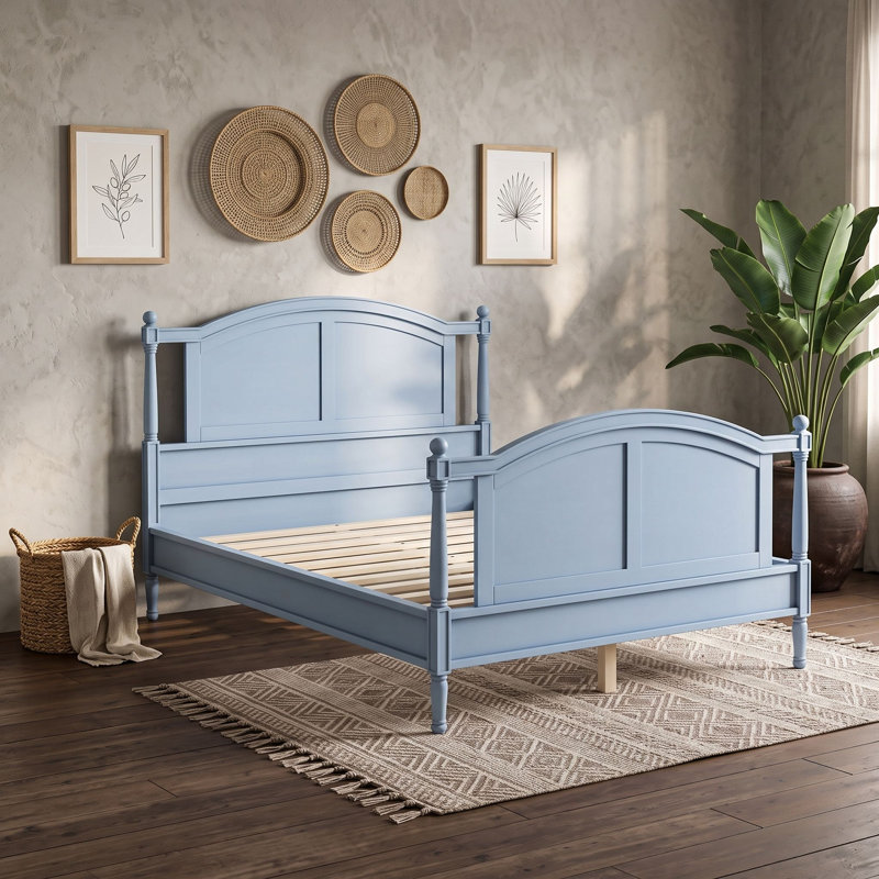 Lit plateforme en bois avec tête de lit, pied de lit et lattes, Grand lit, Bleu clair