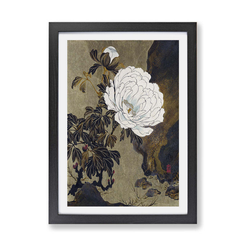 A Peony Flower by Shibata Zeshin - Single Picture Frame Painting, 33cm H x 45cm W x 2cm D, Black Framed