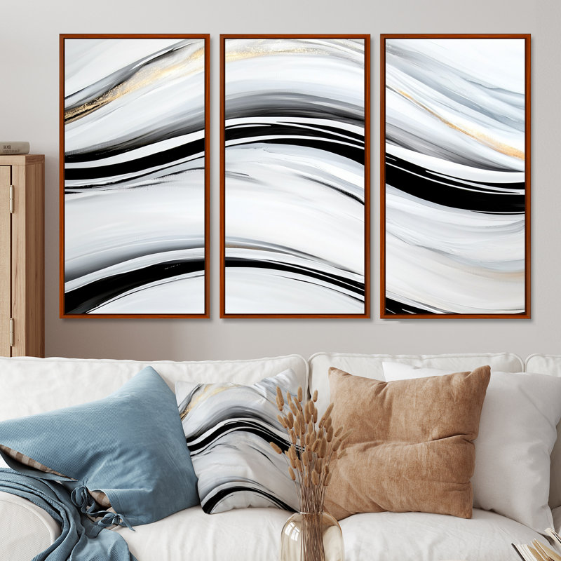 Ensemble de décorations murales abstraites modernes "Waves" noir et gris, Reproduction avec cadre flottant, Brun
