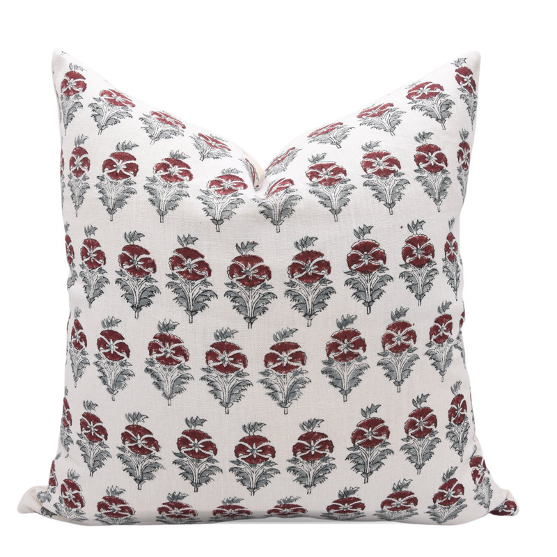 Coussin à motif de blocs de lin pour canapé et chambre Fab Fabine Mormukut, 24 po x 24 po, Red/White Floral 2, Carré