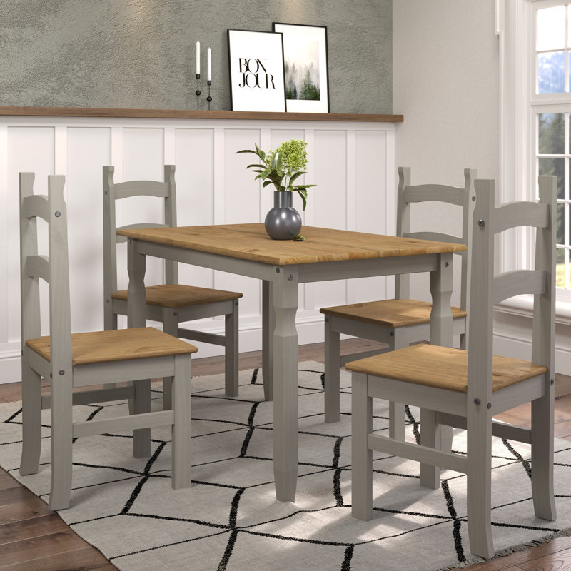 Archibold 4-Person Pine Solid Wood Dining Set, Grey and Antique Wax Finish with plank design table top