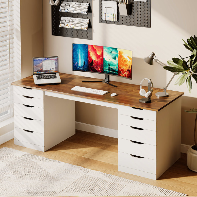Coiffeuse de 140 cm avec 10 tiroirs, table de maquillage en bois avec rangement, grande coiffeuse pour chambre à coucher