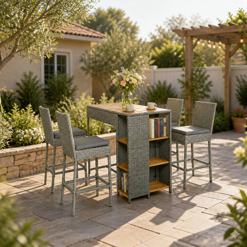Ensemble de bar extérieur en osier cinq pièces avec étagères de rangement et tabourets gain de place pour recevoir sur la terrasse.