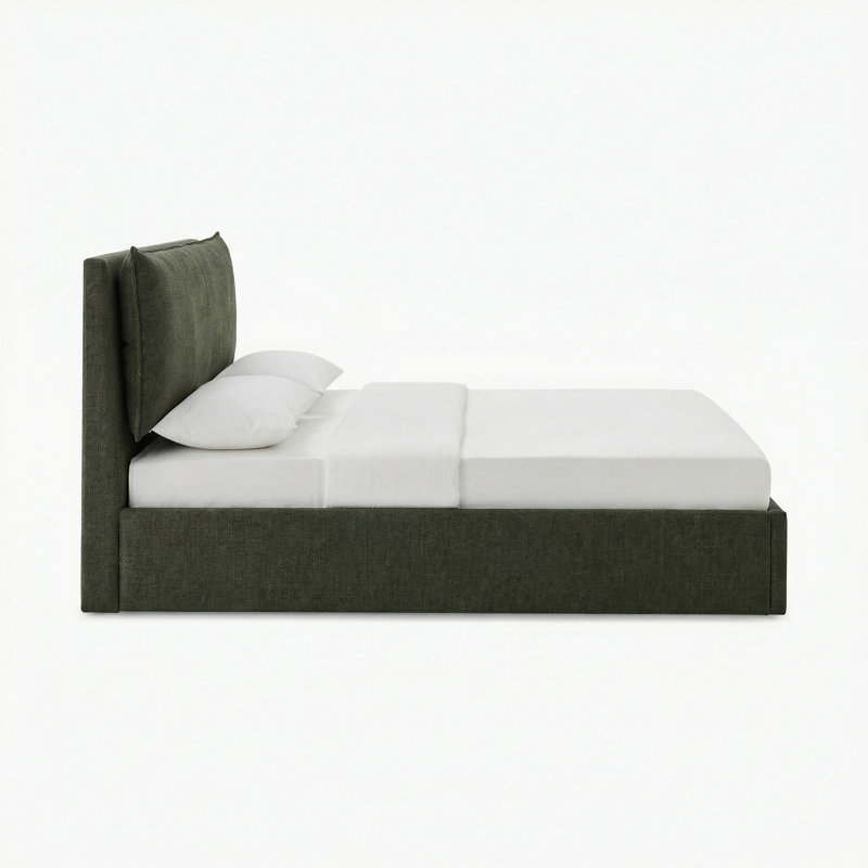Roselane Upholstered Fabric Ottoman Bed Frame - Pillow Headboard Design        , Green Fabric, King