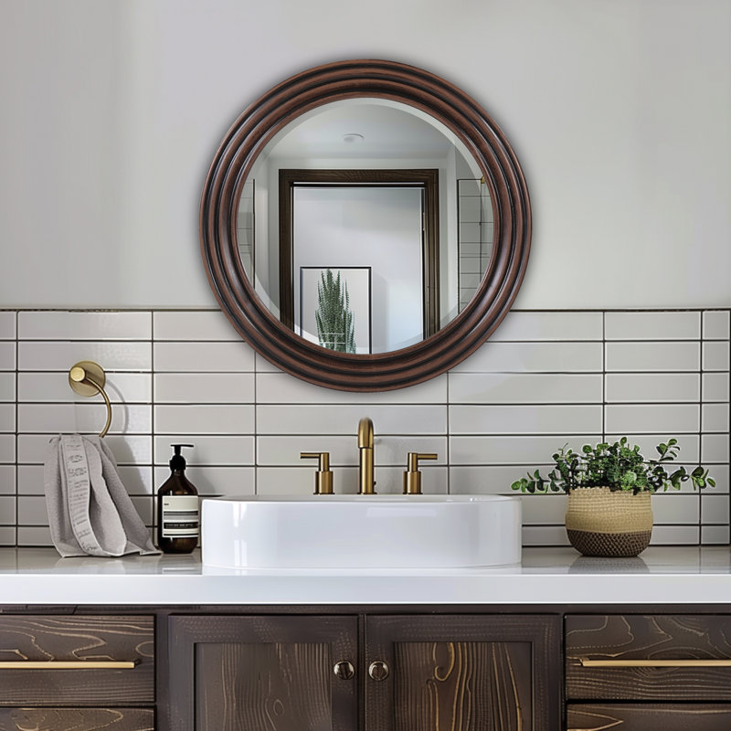 Czarra Round Hand Crafted Wood Framed Mirror with Rib Texture