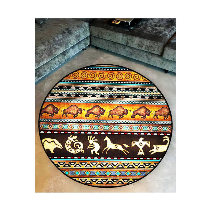 Orange Abstract Tribal Ethnic Style Pattern Woven Base Modern Decorative Carpet, Round 4'