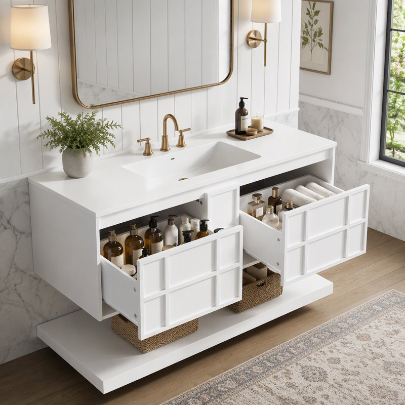 Armoire de salle de bain murale 48 po, meuble-lavabo flottant en panneau de fibres à densité moyenne avec 2 grands tiroirs et tablette inférieure ouverte, armoire de rangement peinte en blanc, conception sans poignée