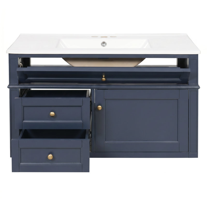 36 inch MDF Wall-Mounted Bathroom Vanity Blue Soft-Close Integrated Ceramic Glossy White Includes Drawers & 3-Hole Single Ceramic Sink