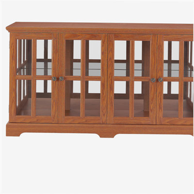 Vintage LED Curio Display Cabinet - Antique Glass Door Showcase with Adjustable Shelves for Collectibles, Four-Door Design Ideal for Home or Office Décor-OAK