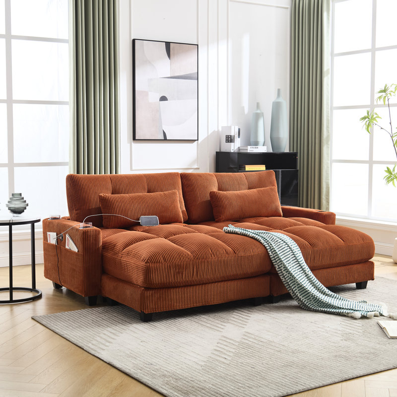 Fauteuil lit confortable en velours côtelé avec poche de rangement et coussin réglable inclinable orange, Orange