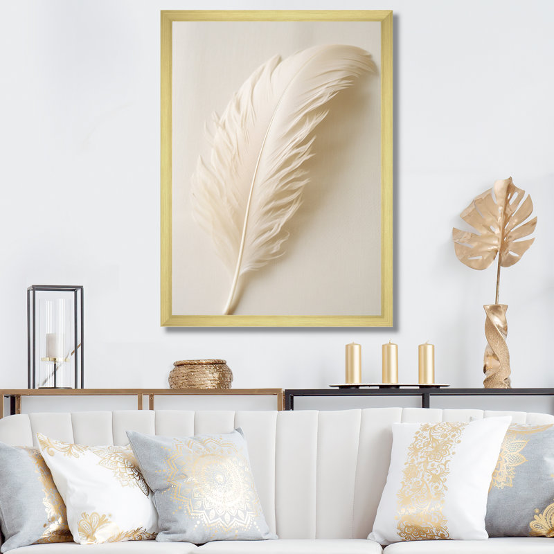 Plume délicate de bohème blanc - art mural grand plumes, H 20 po x l 12 po x P 1 po, Cadre doré simple