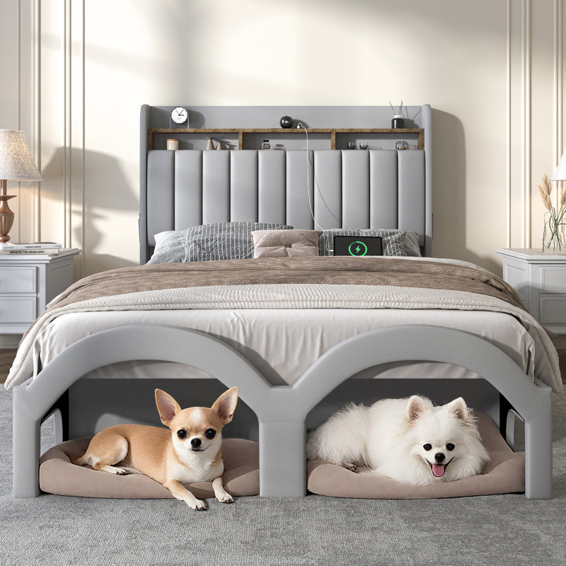 Bed Frame with Storage Drawers Pockets and Galaxy Star Projector Upholstered Wingback Headboard, Gray, Queen