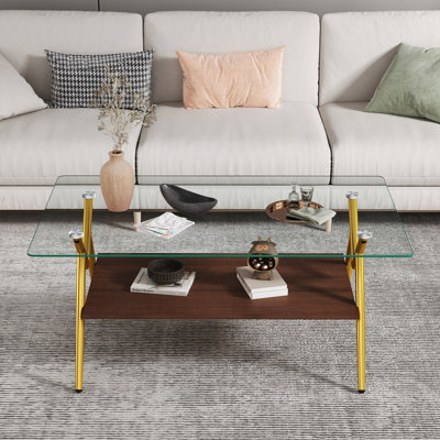 Table basse rectangulaire avec plateau en verre trempé et pieds en métal doré, table moderne pour le salon, verre transparent