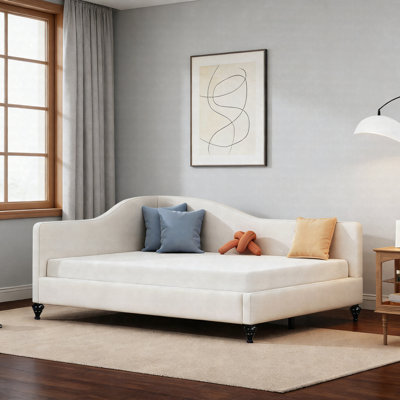 Full Size L-Shaped Linen Daybed With Solid Wood Legs – Modern Semi-Enclosed Sofa Bed