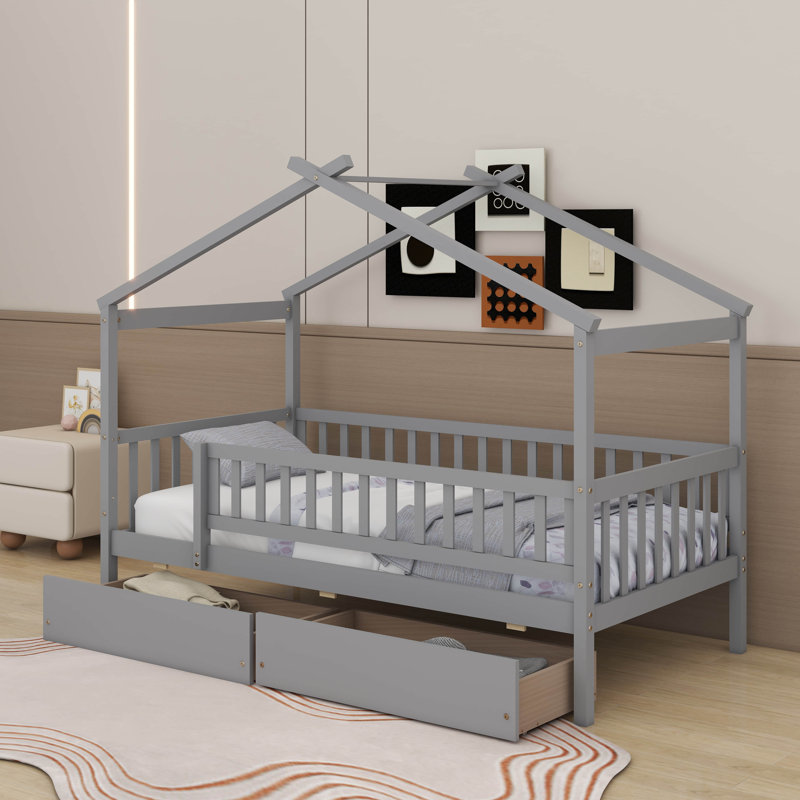 Lit simple en bois avec tiroirs, Gris