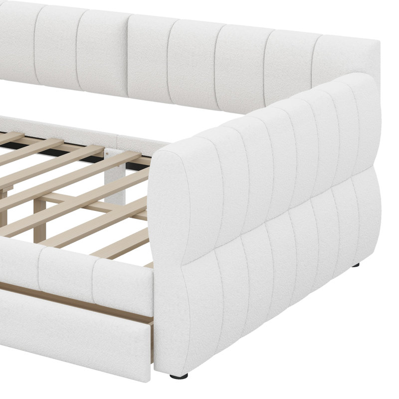 Grand lit plateforme tapissier avec port USB et tiroirs, Blanc
