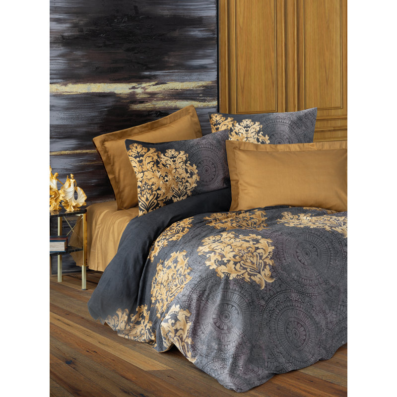 Luxurious Satin Quilt Cover Set, 100% Cotton, Duvet Cover 53.1 x 78.7 inches & Pillowcase 31.5 x 31.5 inches | Machine Washable, 210 Thread Count, Button Closure, Stylish Anthracite & Beige Design for Comfort & Elegance