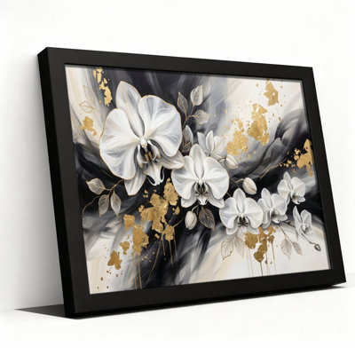 Toile noire encadrée en bois noir pour le salon, la chambre à coucher, le bureau ou le vestibule - décoration murale décorative avec motif floral abstrait