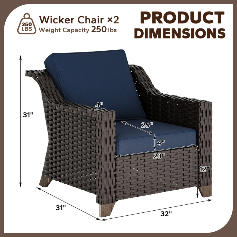 2-Piece PE Wicker Outdoor Lounge Armchair with 4" Thick Blue Cushions, Blue
