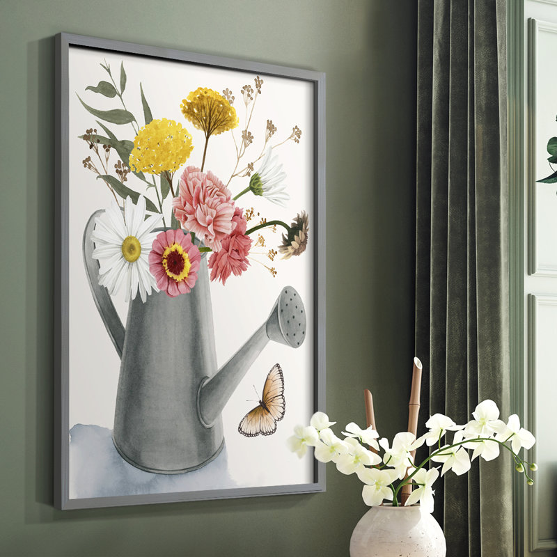 «Watering Can Bouquet II», reproduction encadrée - bois massif, Gris, H 10 po x l 8 po