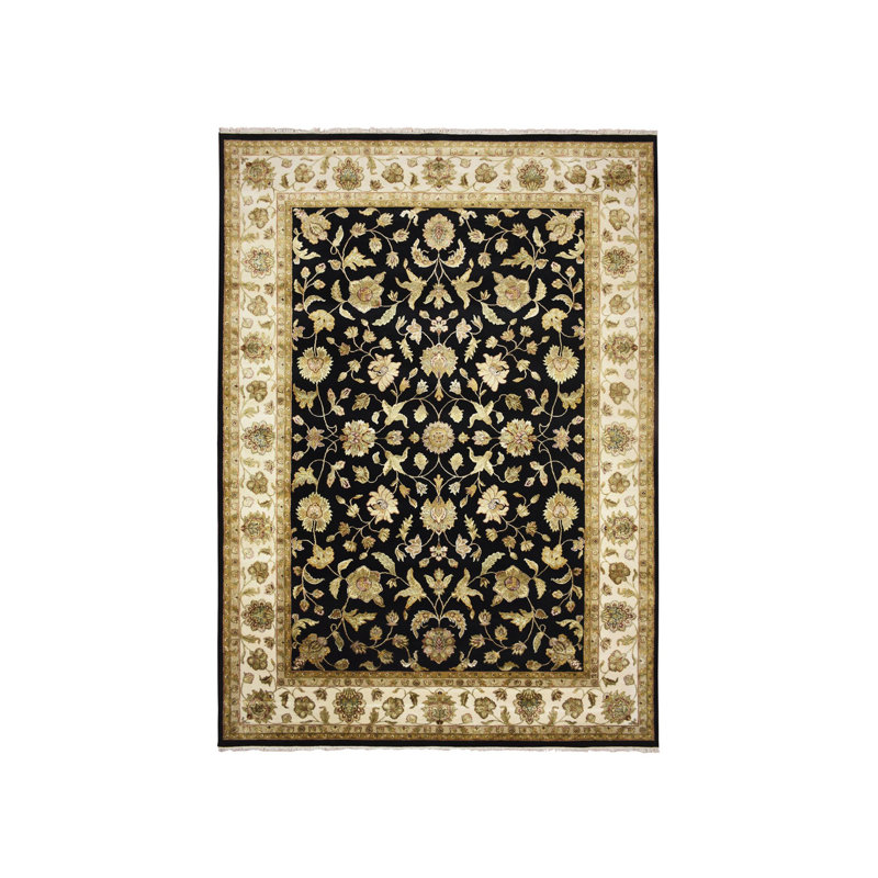 Tapis en laine et soie noué à la main 10 pi x 14 pi Rajasthan noir avec motif de feuilles C0FAC0698C9843BBBFAA142F646881AC