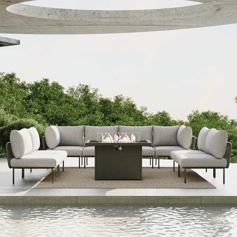 Ebern Designs 9 Pieces Aluminum Patio Furniture Set, Modern Modular Sectional Sofa with Fire Pit Table and Upgrade Thickness Cushion