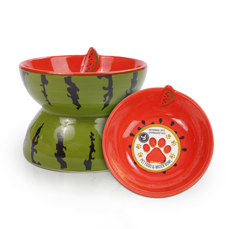 P.t. Supply Co. Watermelon Shaped Stoneware Elevated Pet Bowl, Raised Ceramic Food & Water Dish For Dogs And Cats
