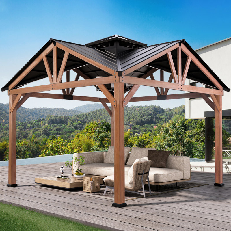 Wedgewood 12' x 12' Premium Cedar  Wood Framed Hard Top Patio Gazebo With 2-Tier Metal Gable Roof