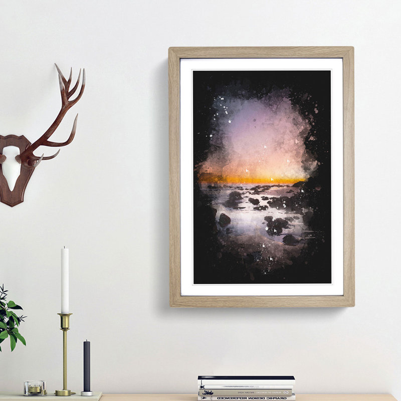 Moon Above The Beach Paint Splash - Picture Frame Graphic Art, Oak Framed, 45cm H x 33cm W x 2cm D