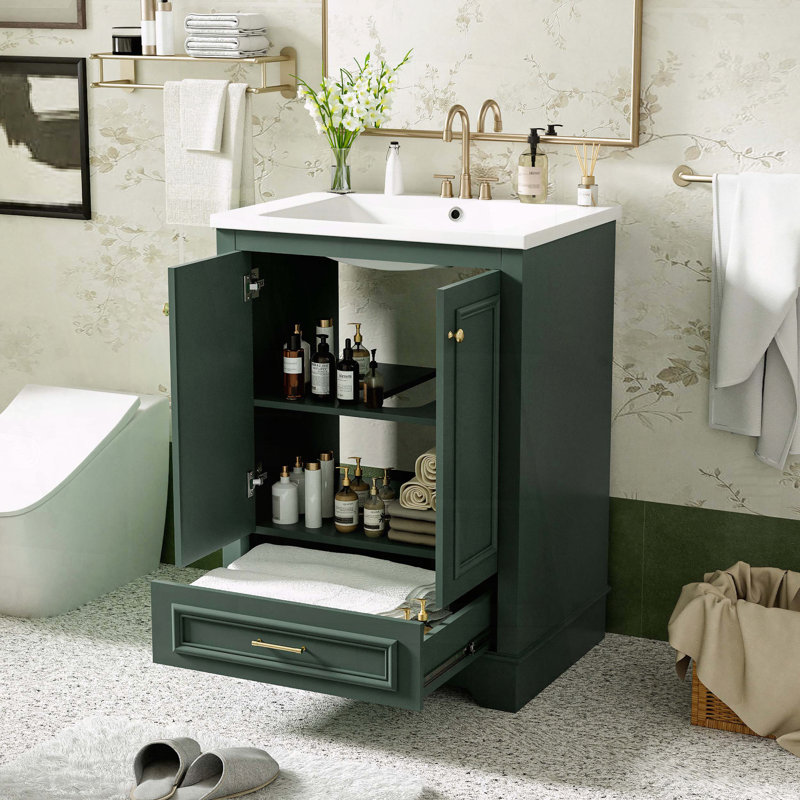 Ensemble de meuble-lavabo autoportant 24 po avec lavabo en céramique et tablette réglable 24 po, Vert