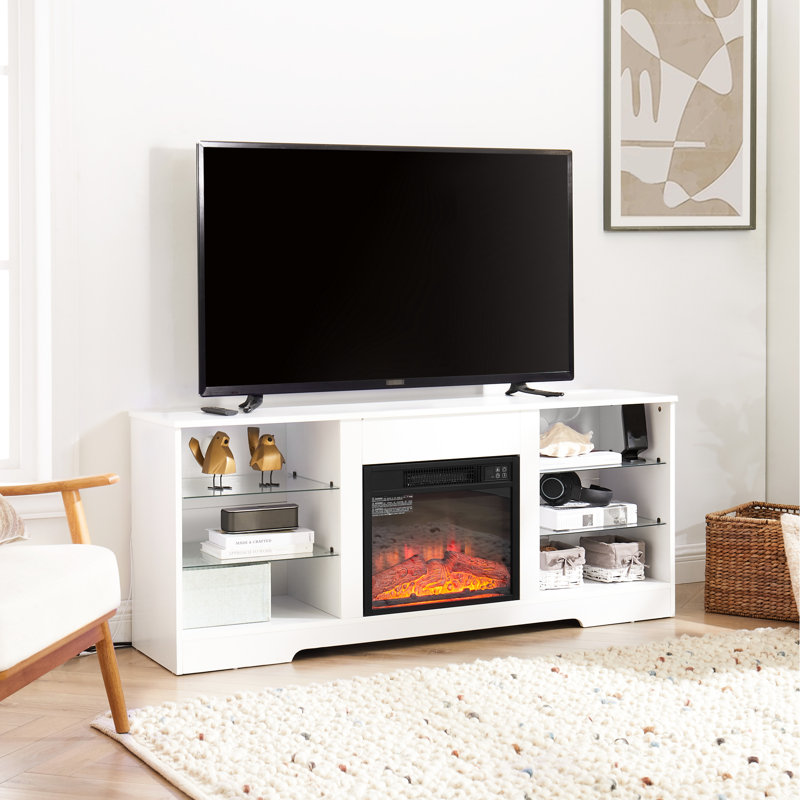 21 Electric Fireplace Tv Cabinet, Remote Controlled Flame Colour, Charging, White, For 32 - 62" Tvs, 58''W*15.5''D*24.4''H White Stand With And Socket, 58''W*15.5''D*24.4''H, Colour Changing