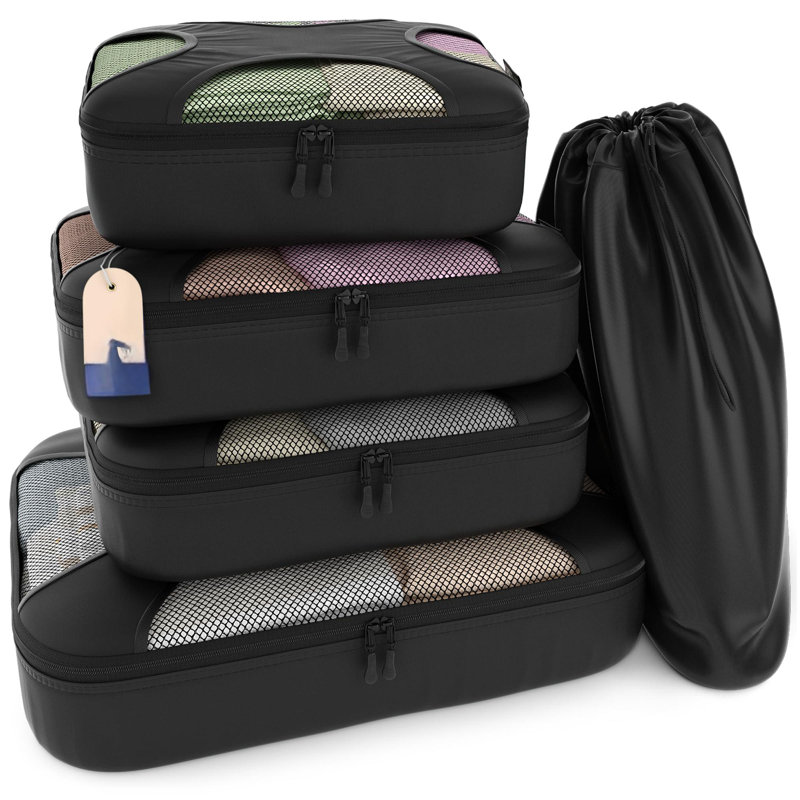 Ensemble de 5 cubes de rangement - organisateurs de bagages de voyage en filet léger avec sac à linge, système de rangement de valise 5 pièces (noir)