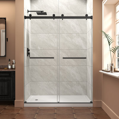 55"-60"W x 76"H Frameless Double Sliding Tub Door Reversible Installation Bypass Shower Door with 5/16" SGCC Tempered Glass, Nano Explosion-proof Film, Matte Black