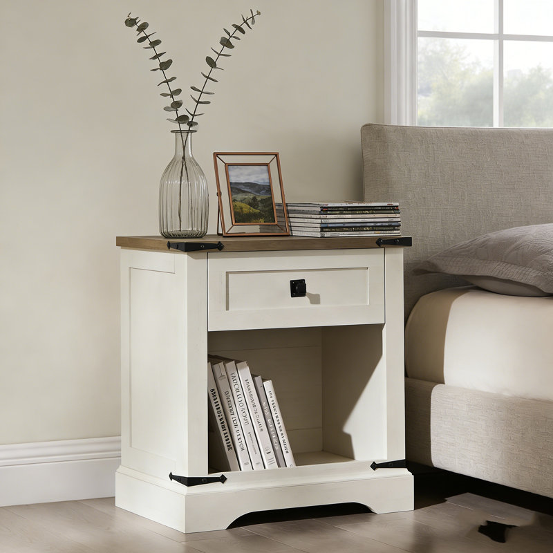 24" Farmhouse Nightstand With Charging Station, Rustic Weathered Wood Bedside Table With Drawer & Open Storage, White