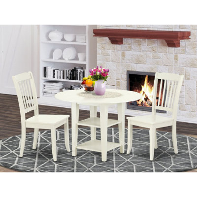 3 Piece Dining Room Table Set Contains a Round Dining Table with Dropleaf & Shelves and 2 Wood Seat Chairs, Linen White