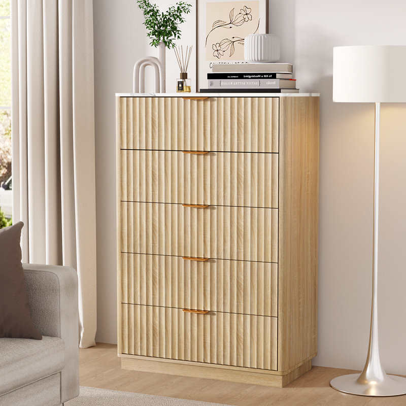 Fluted 5 - Drawer Dresser, Wooden Dresser Chest Of 5 Drawers For Bedroom, Oak/White Marble