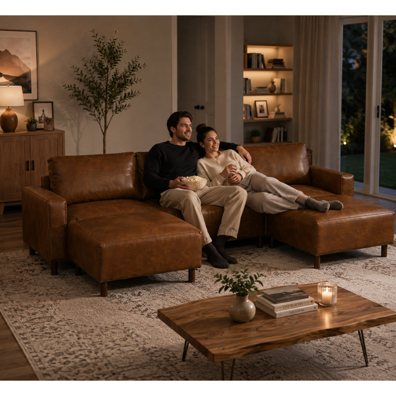 Canapé modulaire en L en similicuir réversible de 112 po avec méridienne et repose-pieds, brun
