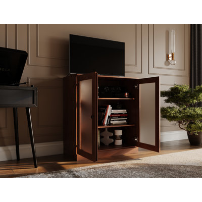 Meuble télé 100% bois massif avec portes en verre givré et tablettes réglables pour téléviseur de 32 po ou moins