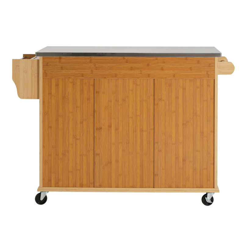 Indoor Bamboo Rolling Kitchen Island with Stainless Steel Top – Mobile Cart with Drawers, Cabinet & Towel Rack for Dining & Bar