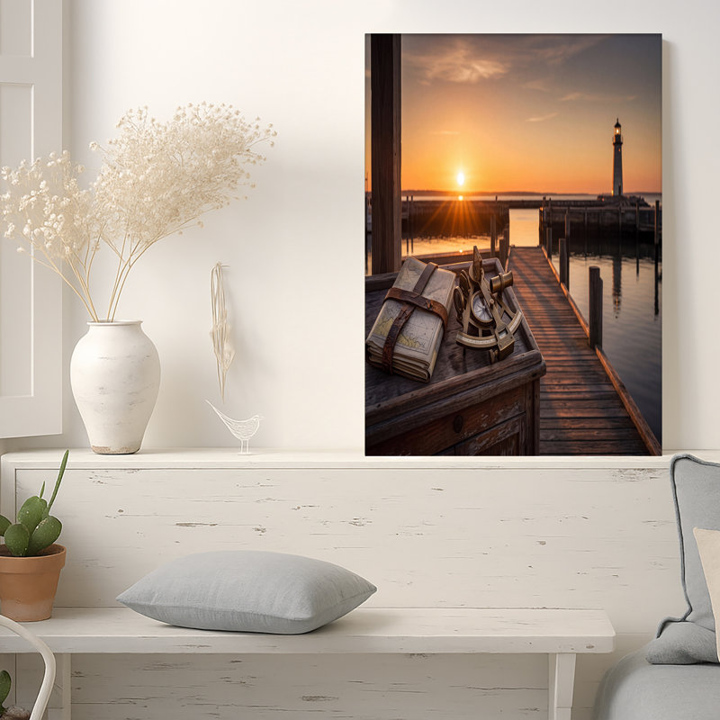 Art mural sur toile en laiton, sextant et carte sur crépuscule par le phare, 16"H x 24"W