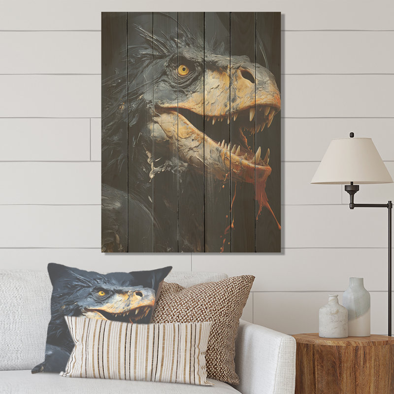 Gris dinosaure gris - dinosaure sur bois, H 40 po x l 30 po