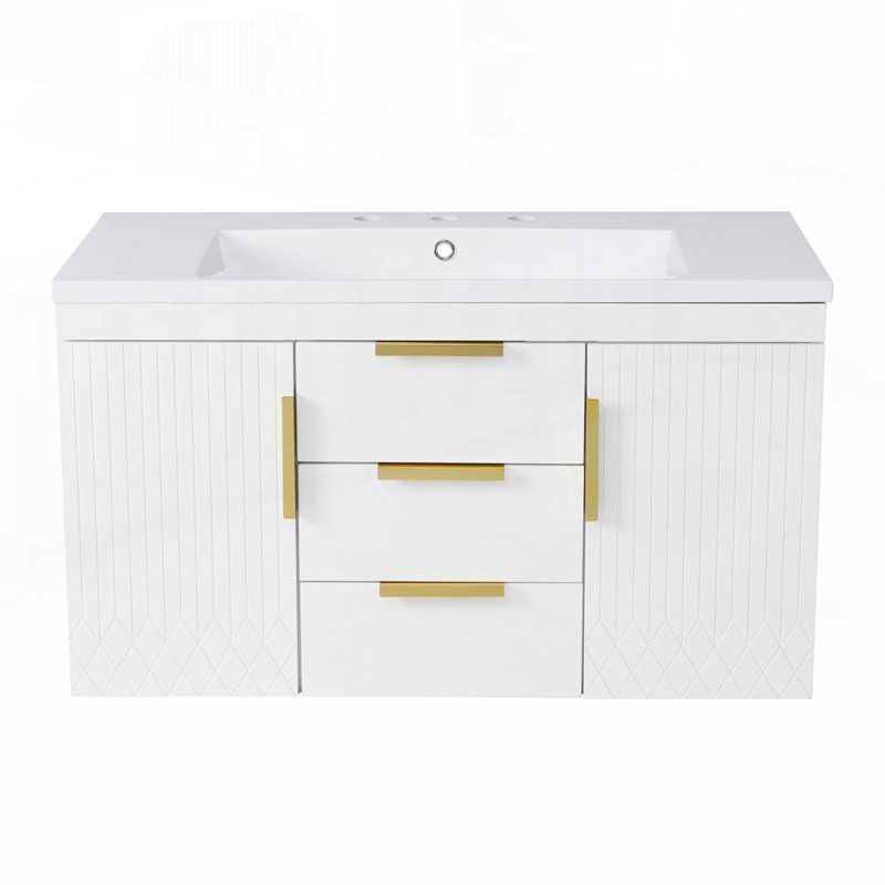 Meuble-lavabo mural avec lavabo en résine et fabrication en bois massif, Blanc