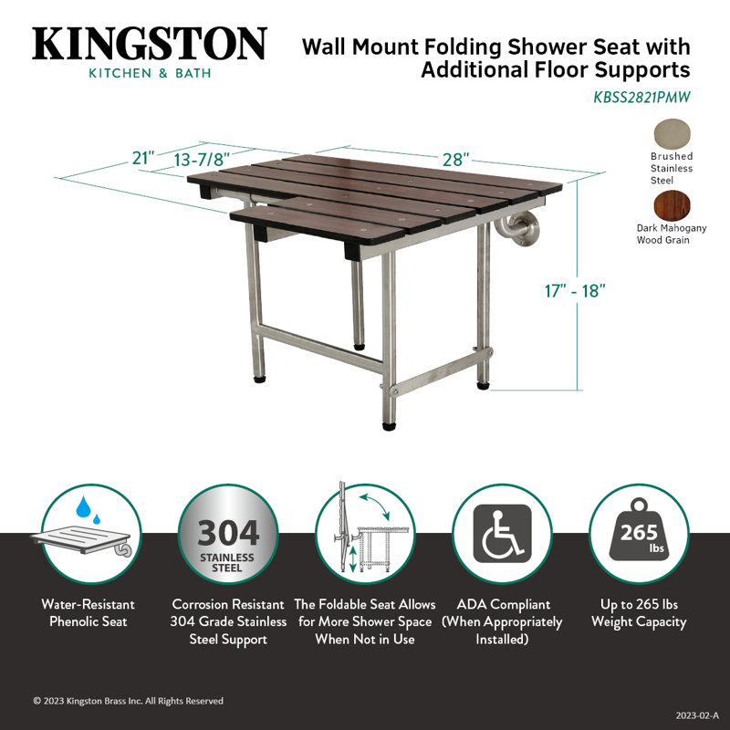 Kingston Brass ADAscape 28-Inch X 21-Inch Wall Mount Fold Down Shower Seat with Leg Supports