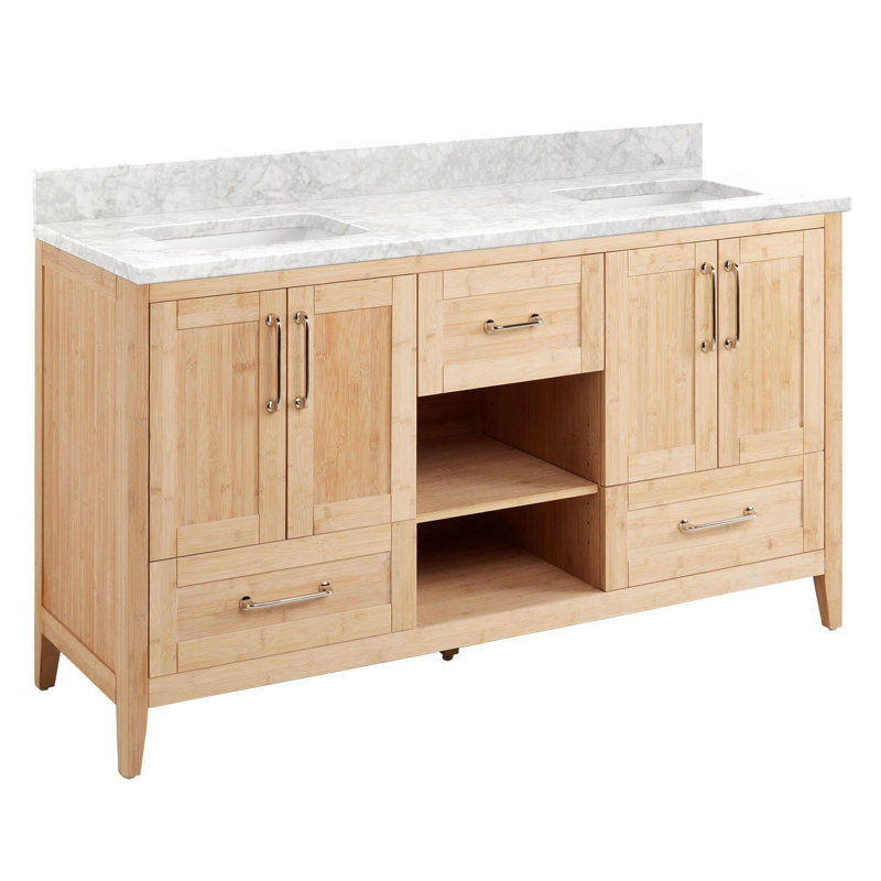 Ensemble de meuble-lavabo double 61 po avec lavabo encastré rectangulaire Burfield, Marbre de Carrare, Aucun trou de robinet