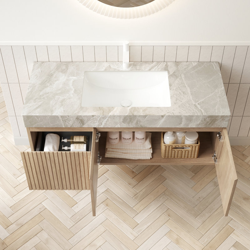 - Meuble-lavabo de style luxueux 48 po, lavabo en céramique, contreplaqué flottant, 2 portes, 1 tiroir, pierre frittée grise, meuble-lavabo couleur chêne blanc avec lavabo, pré-assemblé, roulement à haute charge