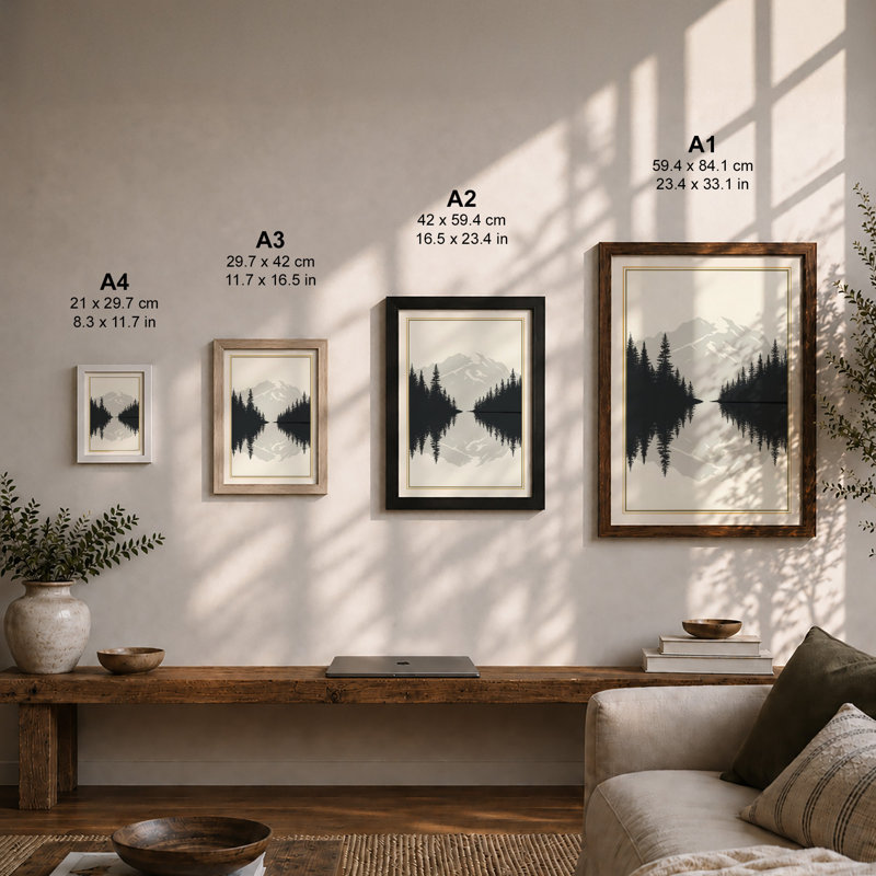 Mountain Reflected Scandinavian - Framed Print, Walnut, A4 - 29.7 x 21.0 cm