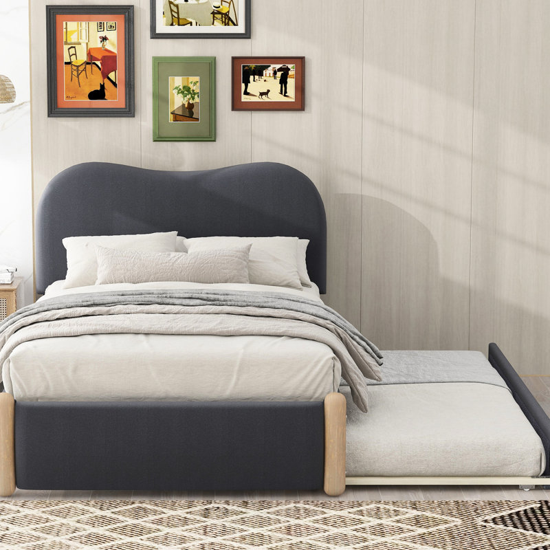 Lit plateforme tapissier avec pieds de support en bois et lit gigogne simple, gris, Simple