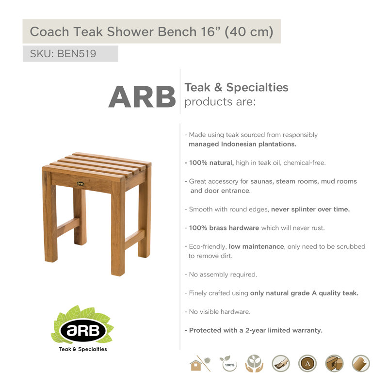 Coach 16" Natural Teak Wood Shower Bench
