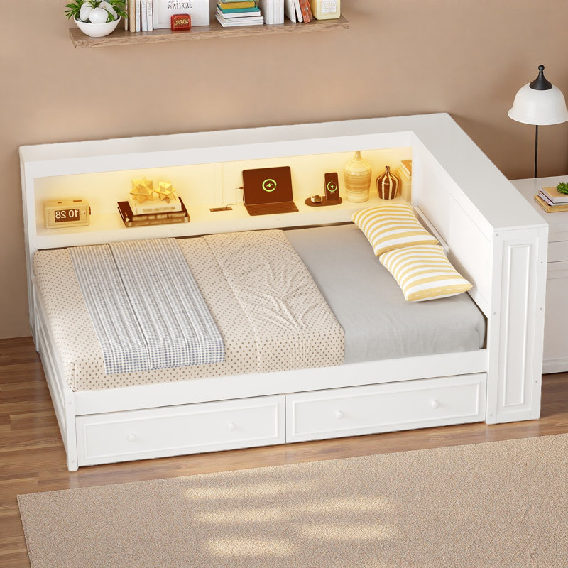 Lit de jour multiple avec tablettes de rangement, USB, DEL et 2 tiroirs, Blanc