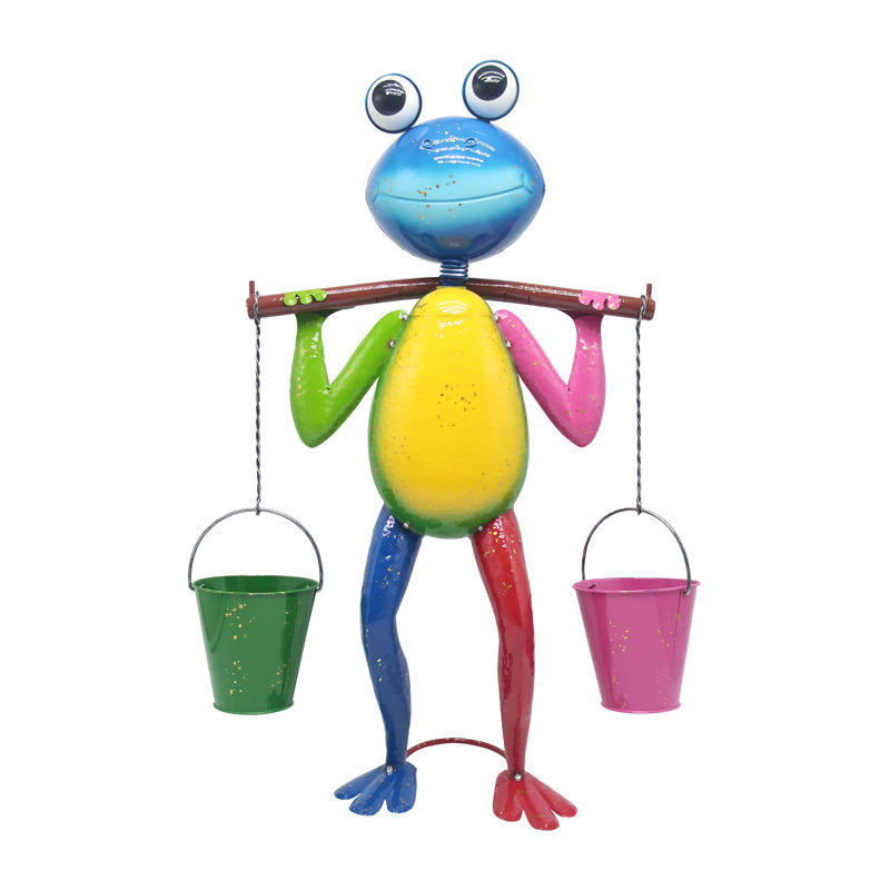 Tall Metal Frog Statue Holding Two Bucket Planters Outdoor Garden Art Yard Decoration, Blue